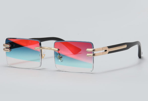 Lunettes de Soleil Rectangulaires Sans Monture — Verres Dégradés Rouge Flamboyant et Turquoise